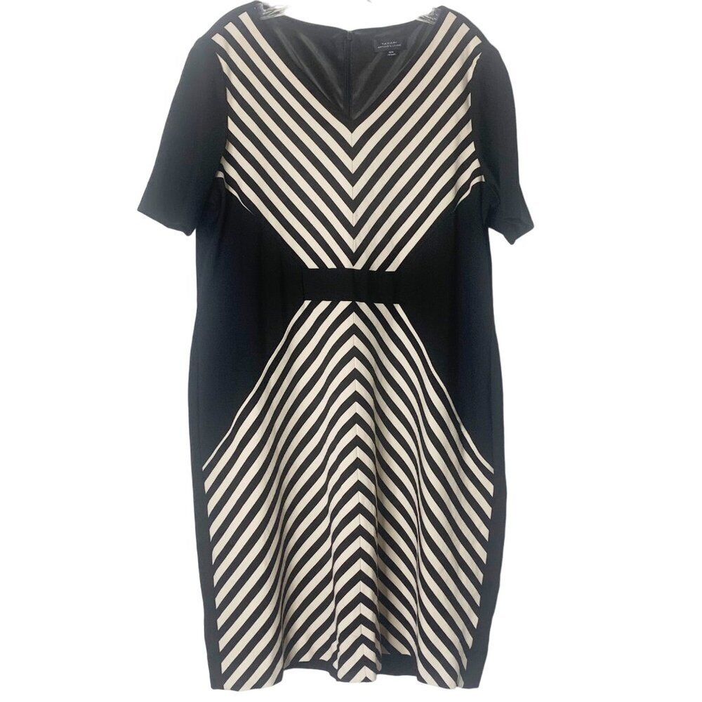 Tahari Half Sleeve Striped Black & Beige Knit Sheath Lined Dress Women's Size 16
